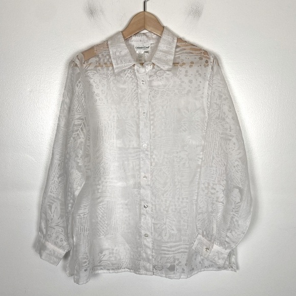 Coldwater Creek Sheer Women's Top Size L White Button Up Long Sleeve Collared - Picture 1 of 8